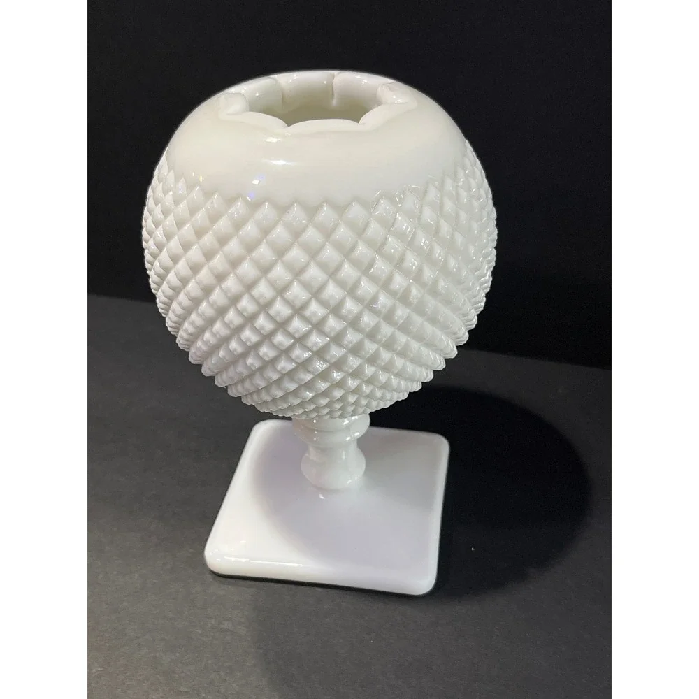 Vintage Fenton Milk Glass Hobnail Rose Bowl Vase Square Pedestal Base White 6in